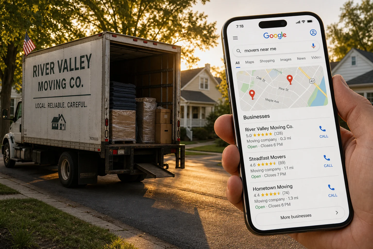 An independent moving company truck parked in a suburban neighborhood at golden hour, with a smartphone in the foreground showing a Google Maps local pack search for movers near me, illustrating the connection between physical operations and local SEO visibility.
