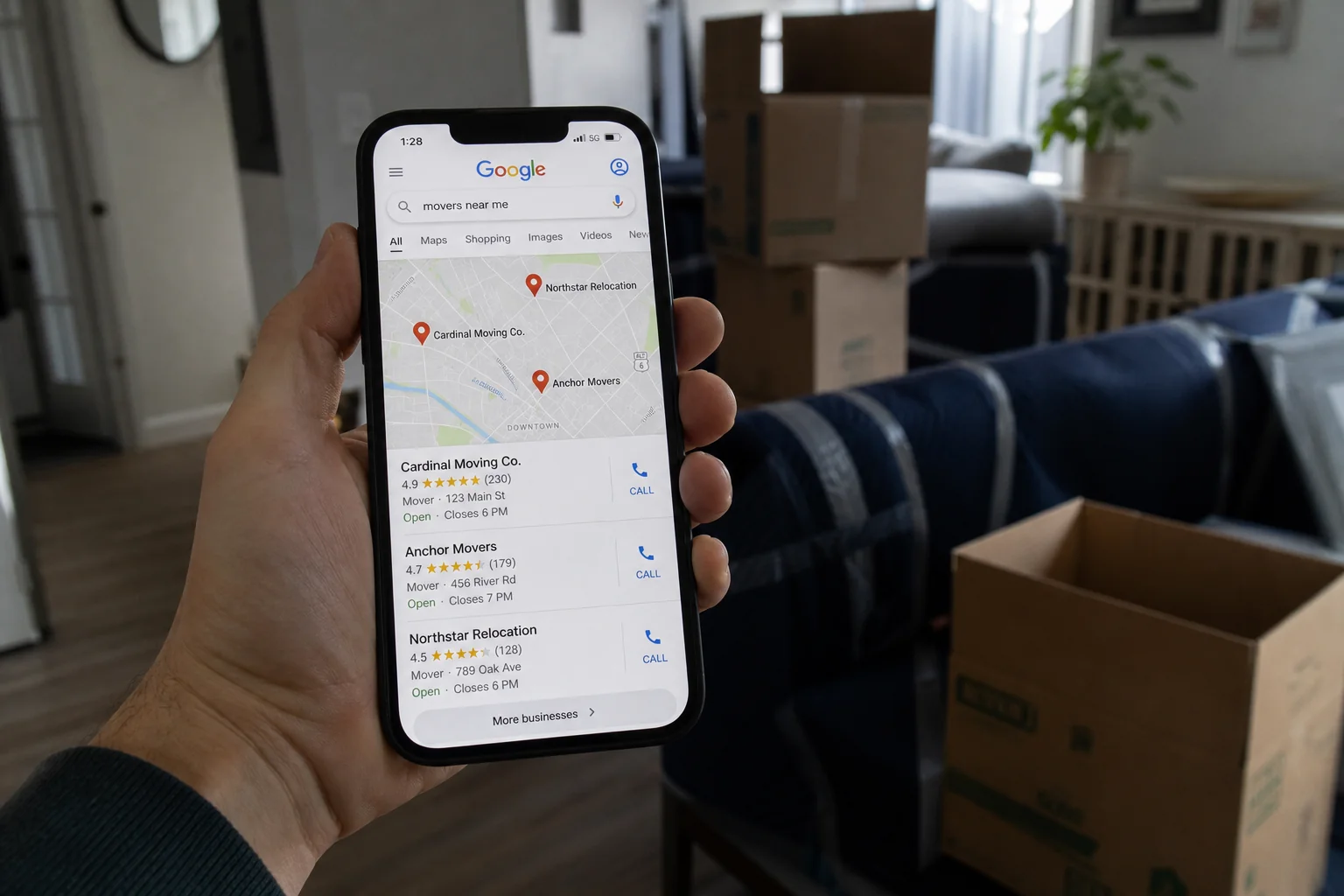 A homeowner's hand holding a smartphone showing a Google Maps 'movers near me' search result with three local moving company listings in the local pack, with packed cardboard boxes and moving blankets visible in the soft-focus background of a residential home being prepared for a move.