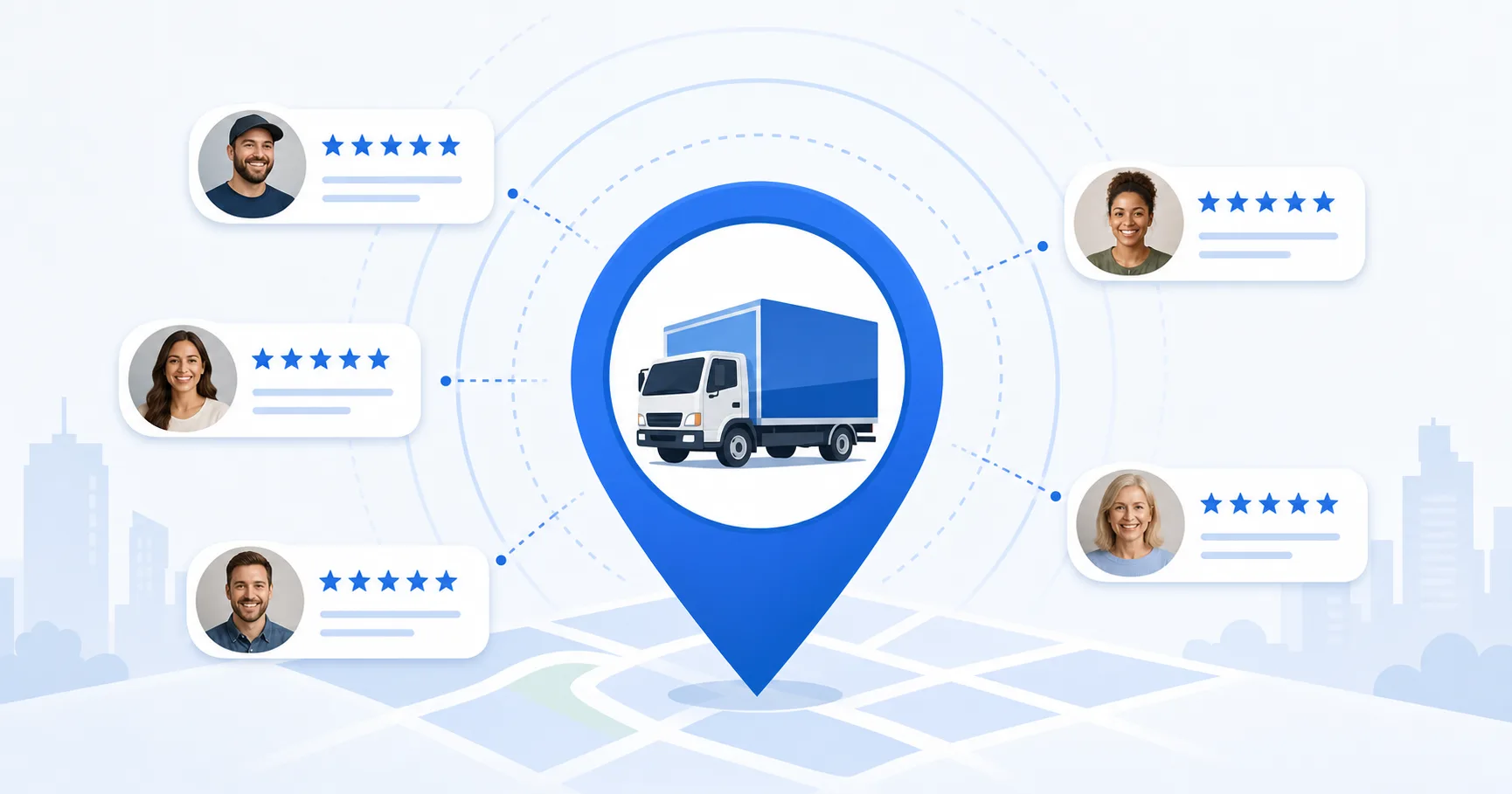 A blue map pin containing a moving truck at the center, surrounded by customer review cards with five-star ratings, illustrating how Google reviews now feed local and AI search visibility for moving companies.