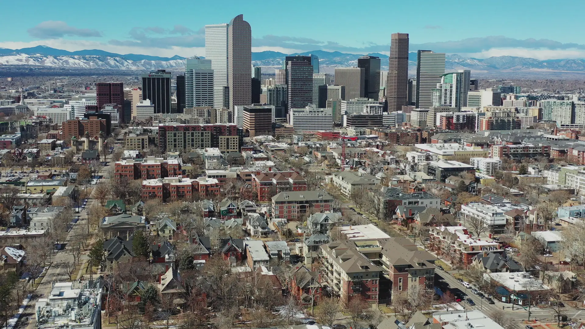 Denver skyline with the Rocky Mountains in the background