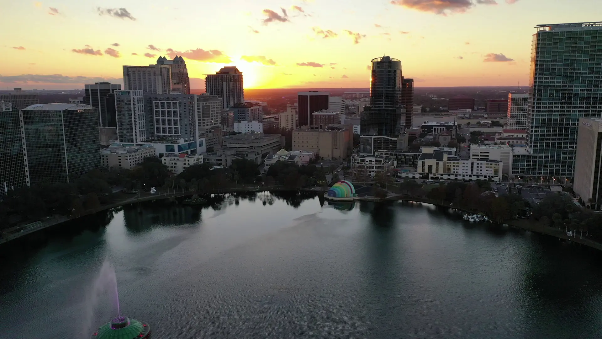 Downtown Orlando skyline at sunset